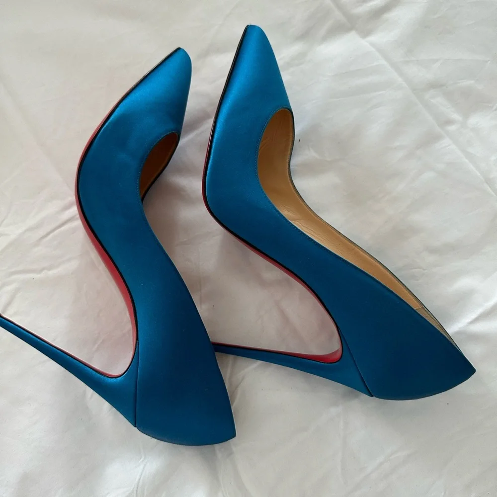 Brand New Christian Louboutin Blue Satin Pigalle Follies Pumps 100 - Picture 7 of 9
